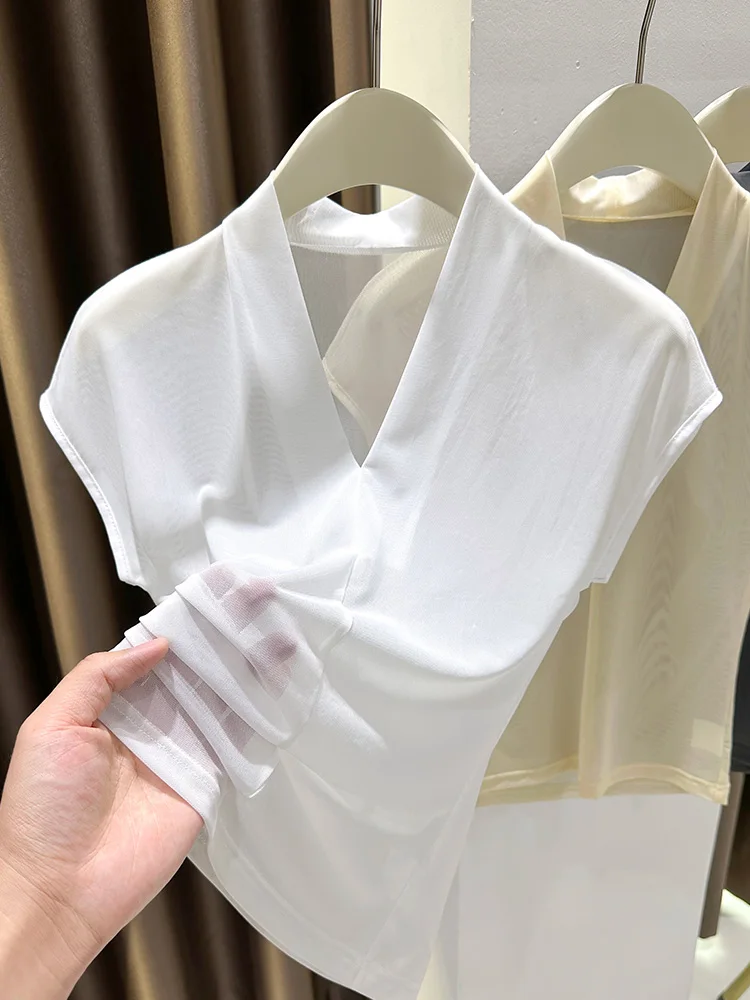 

Lightweight Space Feel Me oulder Insert ort Sve T-irt Women's Spring 2026 New Sle White Ice Silk V-Ne Hollow B...