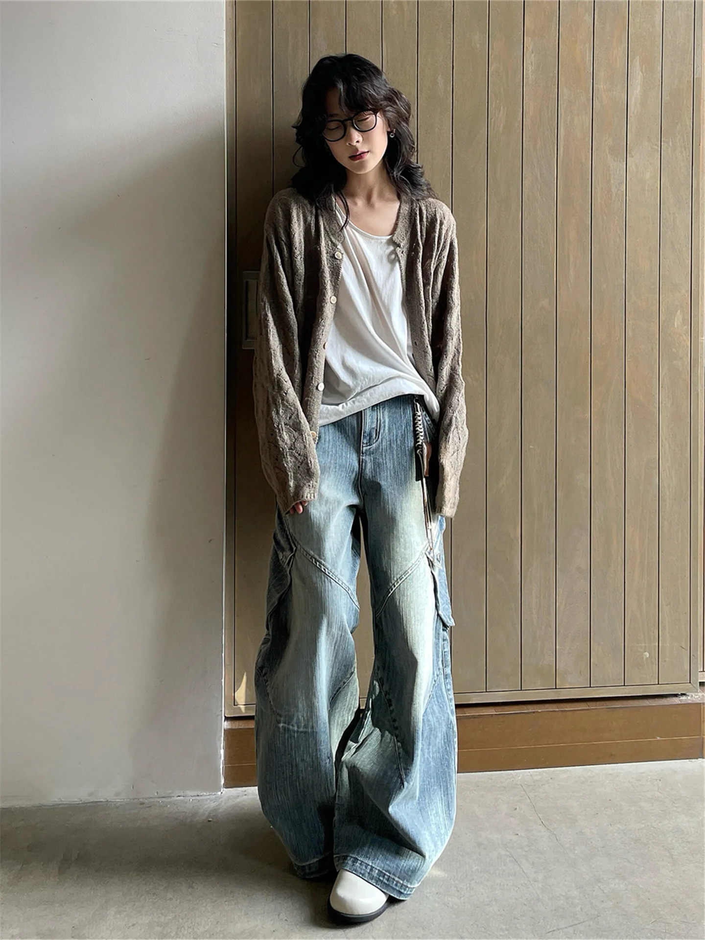 

American Retro Multi-Pocket Workwear Jeans Women Loose Slim Tall Extended Design Wide Leg Pants High Waist Cotton Spring