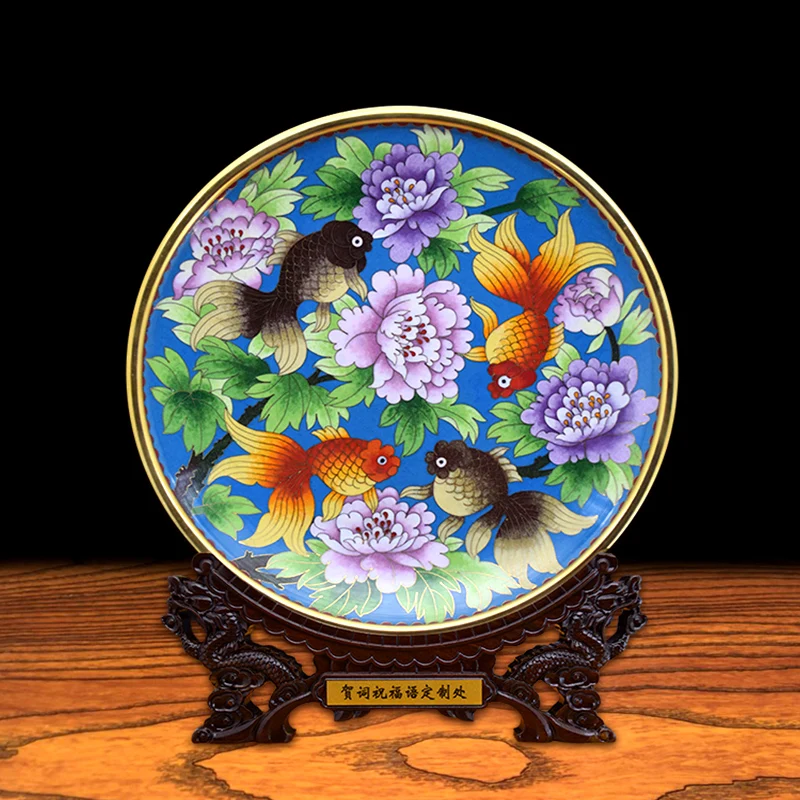 Chinese-style cloisonne appreciation plate, filigree enamel handicrafts, office desktop ornament, gifts with Chinese characteris