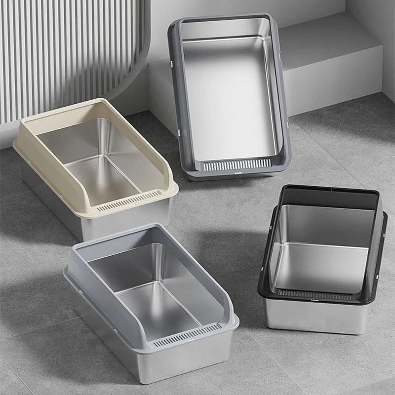 Stainless Steel Cat Litter Box With Lid Oversized Splash Proof Open Litter Box Semi-enclosed Metal Pet Toilet For Large Breeds