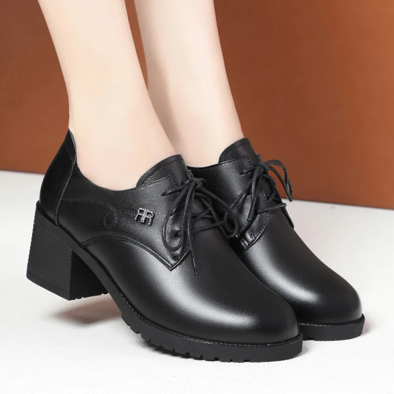 

Leather Lace-Up Women's oes Chunky Heel Soft Bot Casual Footwear Comfortable Spring Autumn Bla Briti Sle Mom oes