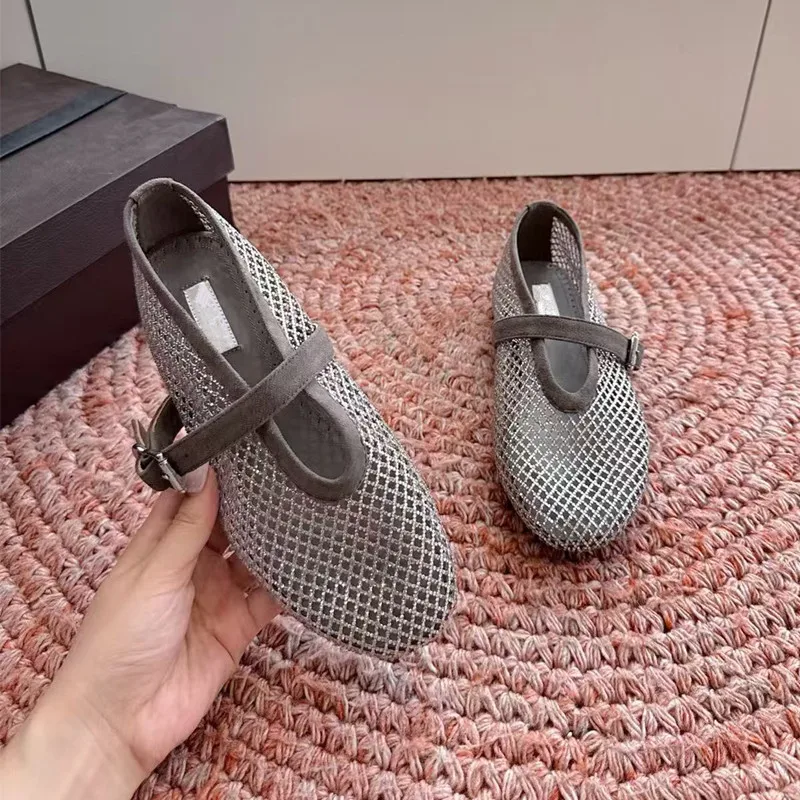 French Luxury Designer Brand Rhinestone Flat Bottom With Raised Interior, Mary Jane Single Shoes, Women's French Ballet Shoes