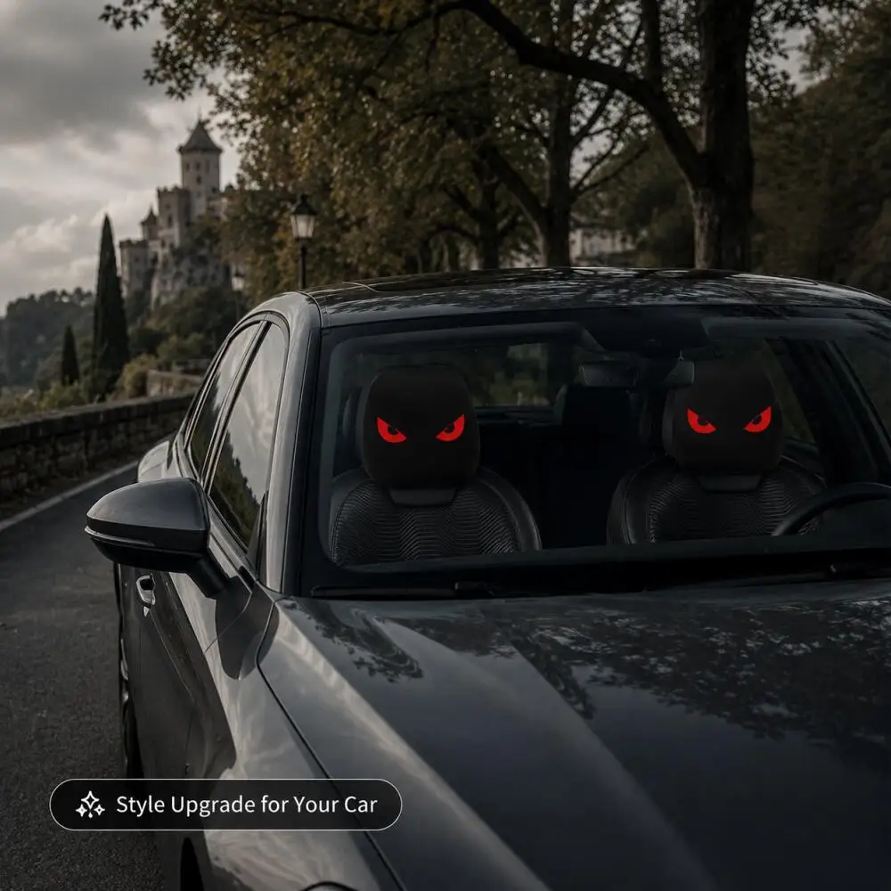 2PCS Glowing Red Demon Eyes Car Headrest Covers 2D Flat Evil Eye Black Dark Street Universal Auto Headrest Protector