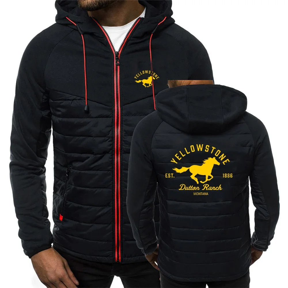 2024 Spring Autumn Men's Yellowstone Dutton Ranch Movie Logo Print Fashion Slim Hooded Solid Color Splicing Casual Cotton Jacket