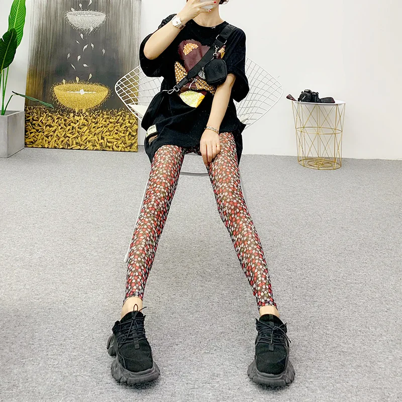 Thin mesh printed leggings 2024 new elastic French small floral feet nine extra wear a generation.