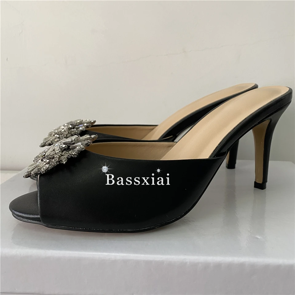 Sandali moderni con fibbia a diamante in cristallo donna 10cm Slingbacks con tacco a spillo muli estivi in vera pelle 2024