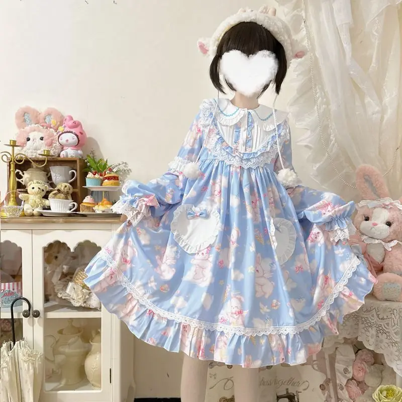 Autumn Girls Cute Lace Ruffles Cute Bunny Tea Party Dresses Women Cartoon Kawaii Chic Vestidos Sweet Lolita OP Dress 2026