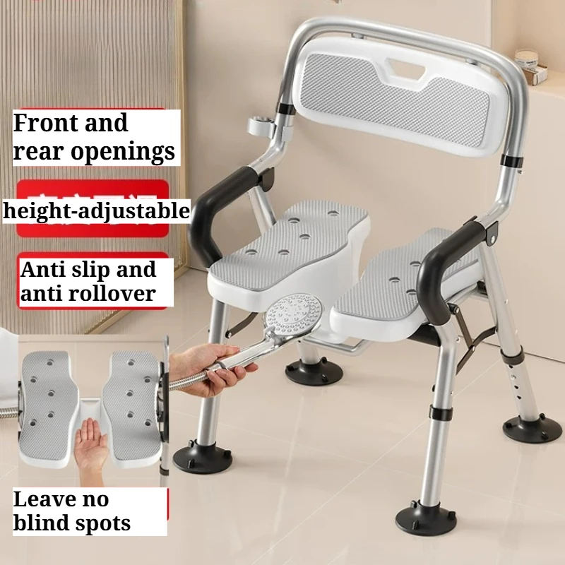 Foldable Elderly Shower Chair Height Adjustable Bathroom Cutout Seat With Armrest Backrest Women Anti‑Slip Safety Bathing Stool