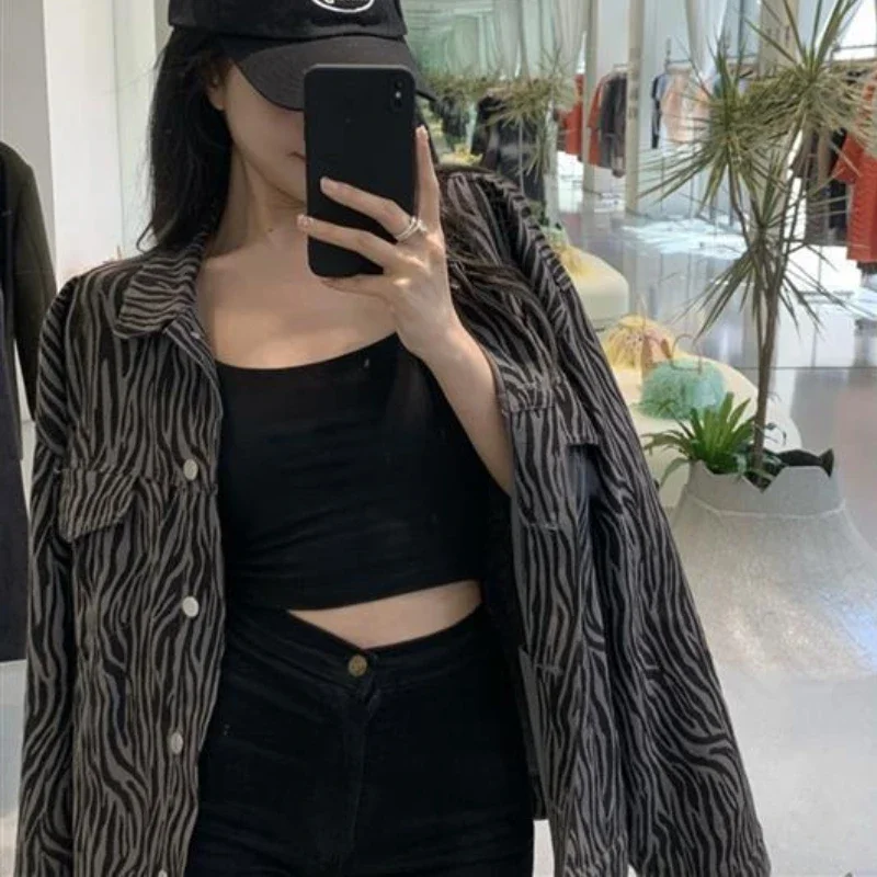 Basic Jackets Women Streetwear Harajuku Denim Casual Zebra-Striped Retro Vintage All-match Spring Loose Daily Outwear Ulzzang image 6