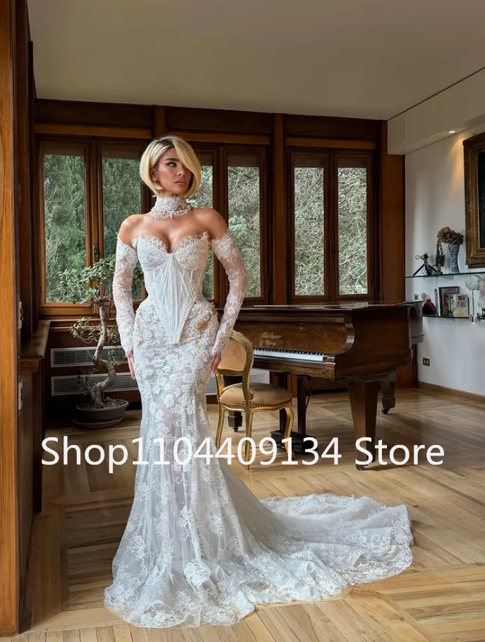 Sirène jardin robes de mariée civile avec enlever à manches longues dentelle haut Corset sans bretelles robe de mariée personnalisé vestido de noiva