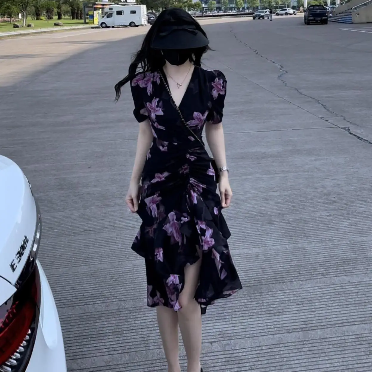 

French High-waisted Floral 2025 Summer New Irregular Puff Sleeve Printed Dress