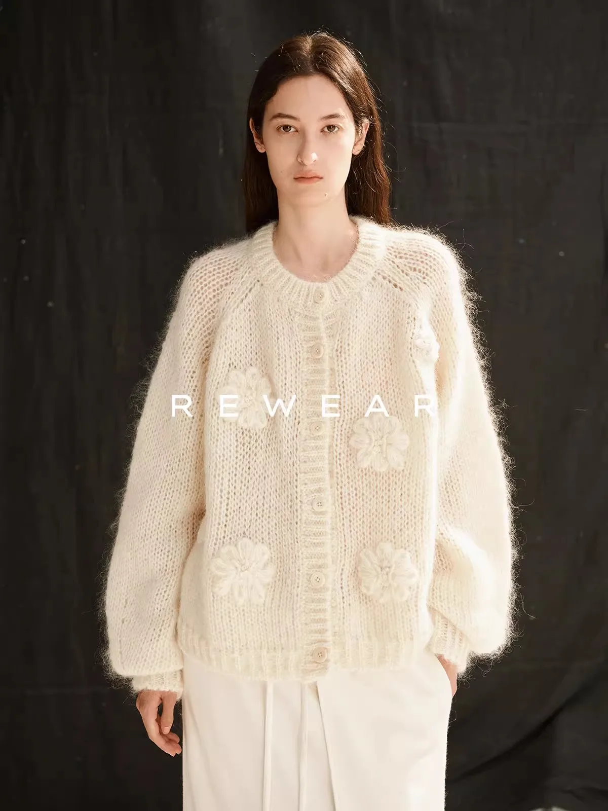 

Hand Made Knitted Floral Crochet Loose Knitted Cardigan Women's Soft Autumn Winter Sweater Jacket Warm Cozy Pure Color Top F304