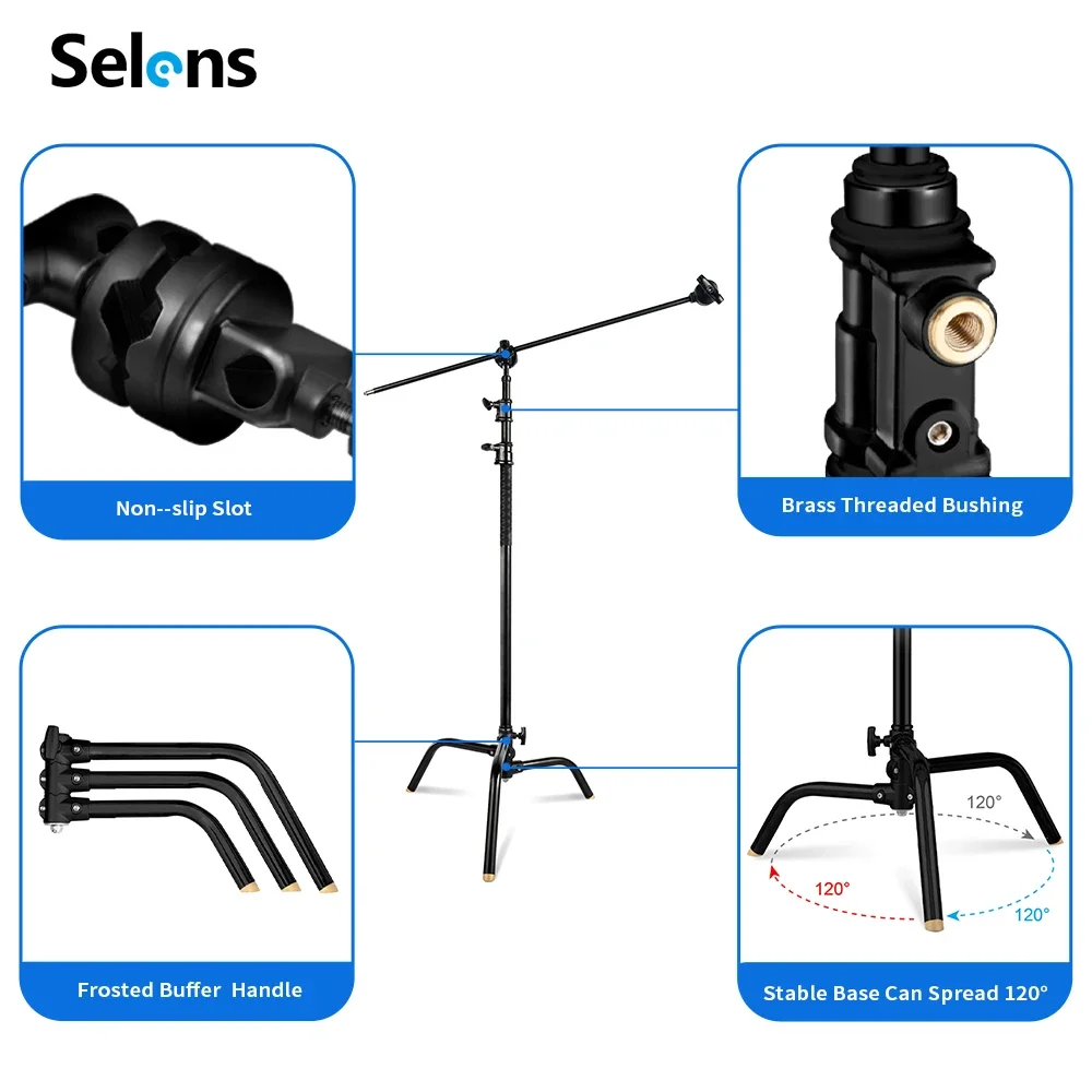 Selens 40 Stainless Steel Light C-Stand Tripod With Grip Head& Boom Arm Magic Leg For Spot Light,Softbox,Photo Studio 30KG load