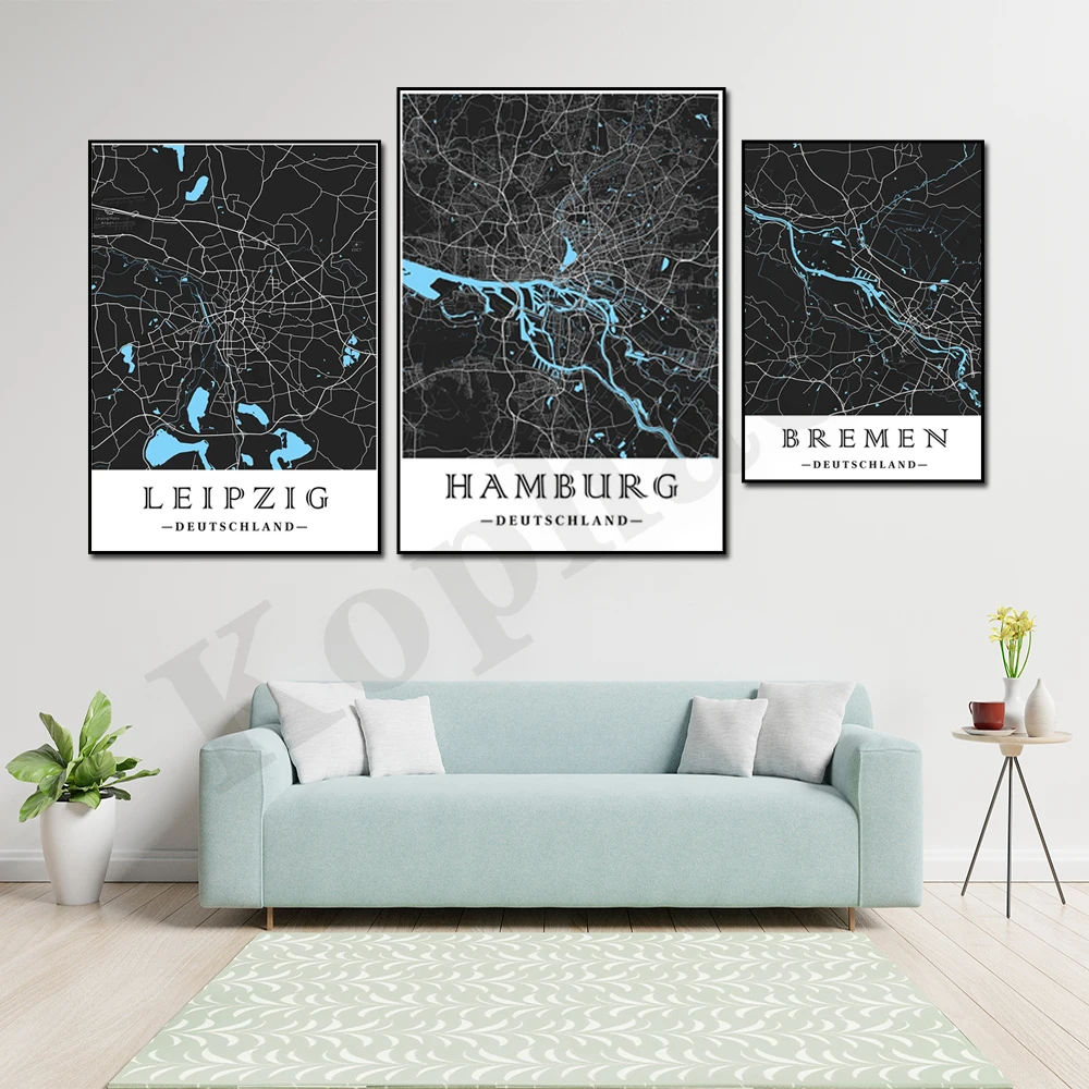 Hamburg Dresden Stuttgart Bremen Leipzig Düsseldorf Frankfurt Brussels Wuppertal City Color Map Wall Decor Poster