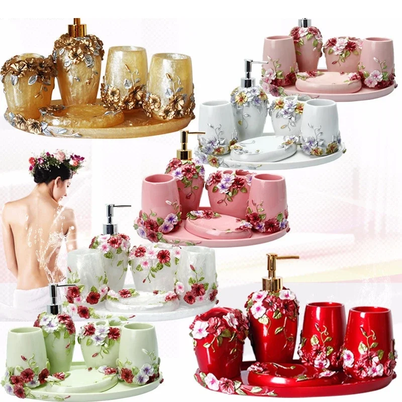 Resin Bathroom Accessories Set Lotion Bottle Toothbrush Holder Mouthwash Cup Soap Box Storage Tray Household Supplies