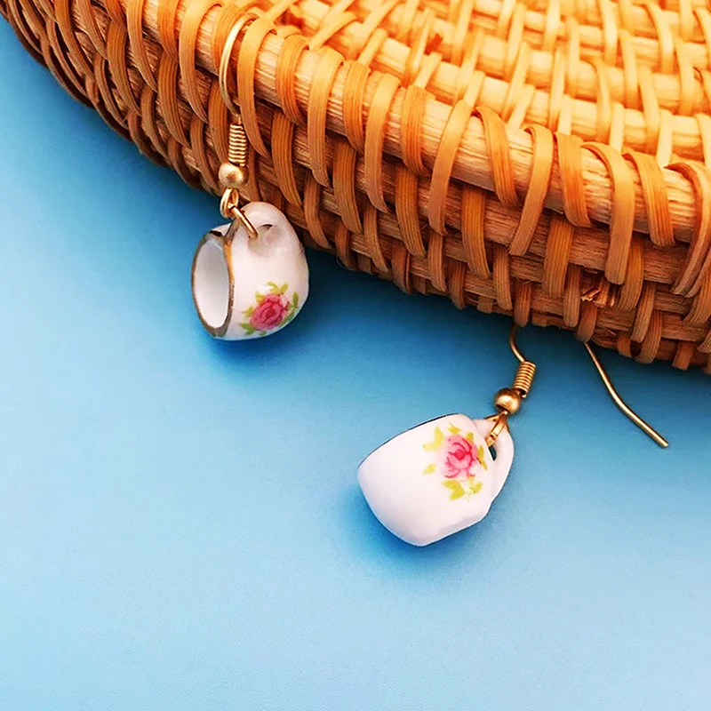 1Pair Vintage Handmade Ceramic Teacup Earrings For Women Enamel Cup Earring Jewelry Gifts
