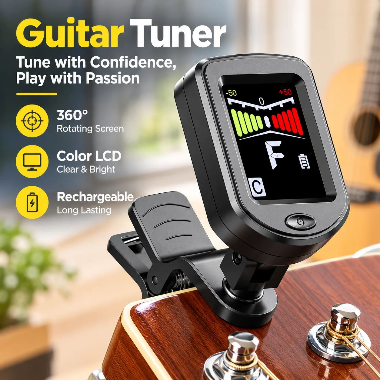 Rechargeable Clip-On Guitar Tuner with 360° Rotating Color LCD Screen for Guitar Bass Ukulele Violin