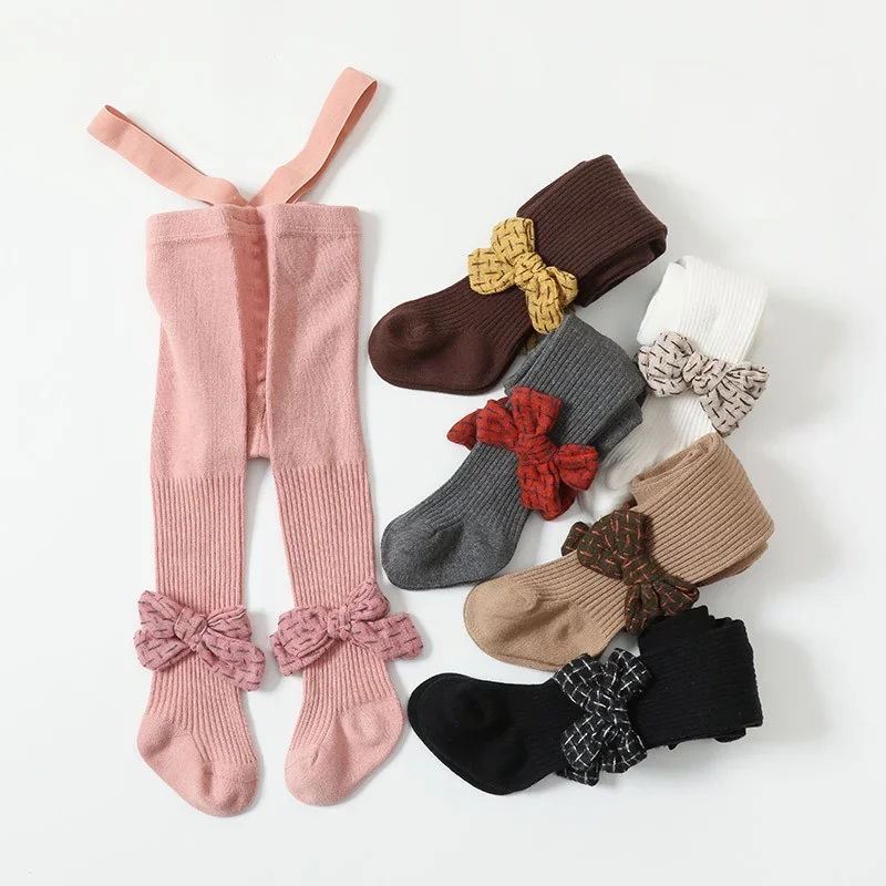 Spring 0-24M Newborn Girls Knitted Elastic Overalls Leggings Baby Girl Cotton Pants Bowknot High Waist Belly Guard Autumn Tights