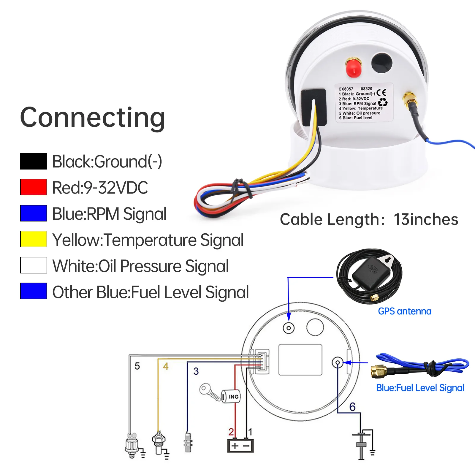 6-in-1 multifunctionele meter, gps-snelheidsmeter, toerenteller, voltmeter, watertemperatuur, brandstofpeil, oliedrukmeter, waterdichte anticondens- combimeter voor auto, boot, jacht, enz.(zwart US