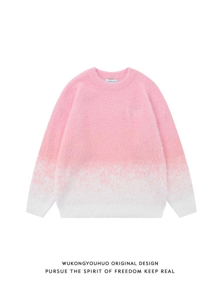 

Ретро-свитер из трикотажа, розовый, круглый вырез, свободный крой, мужской, модный бренд, для пар, теплый, повседневный, свободный крой, трикотаж