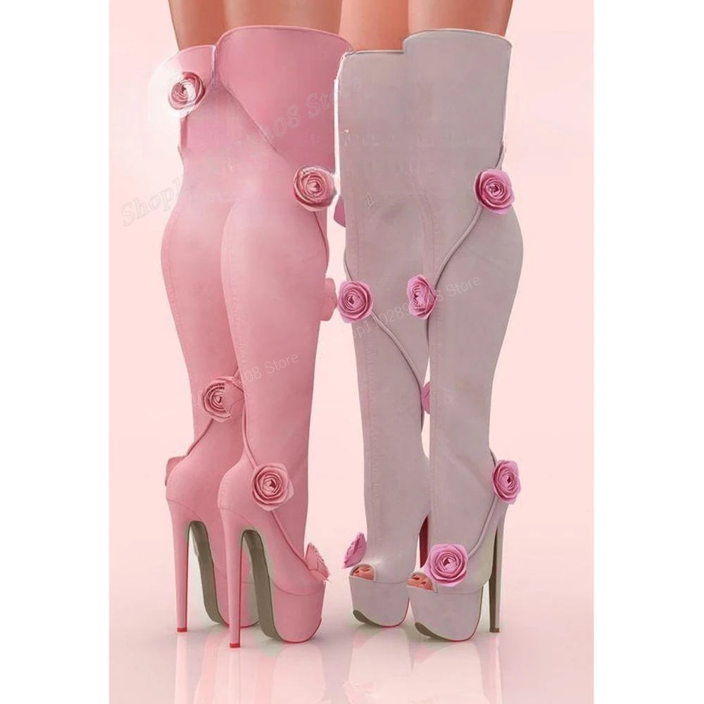 

Pink Rose Flowers Decor Over the Knee Boots Elastic Waterproof Stiletto High Heel Peep Toe Women Shoes 2024 Zapatos Para Mujere