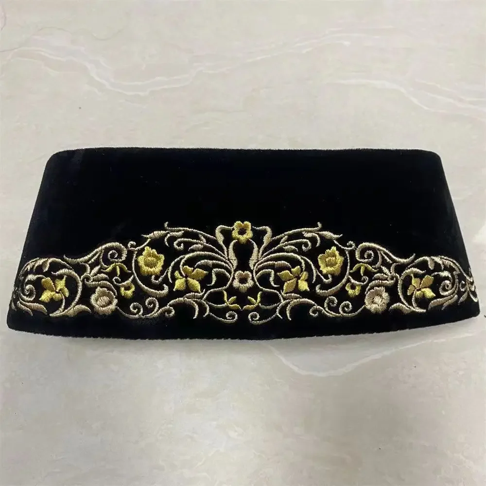 2024 Elegant Black Saudi Boat Caps for Arabic Men Eid Ramadam Prayer Hat Fashion Hijab Headwraps Velvet Muslim Boy Floral