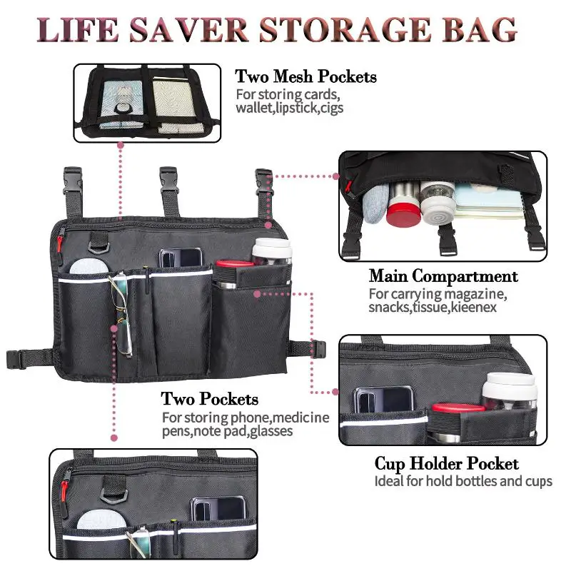 Wheelchair Side Armrest Bag Wheelchair Storage Bag Reflective Strip Magic Tape Hanging Bag Baby Cart Side Bag Walker Pouch