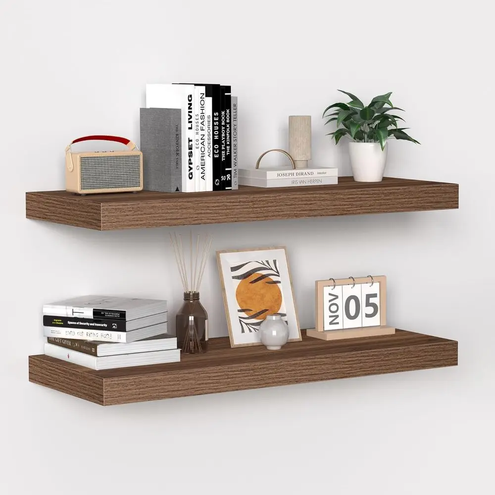 

Fun Memories Floating Shelves - 24 Inch Rustic Wooden Wall Shelves - Extra Deeper & Thicker Wall Mounted Storage Shelf for Livin
