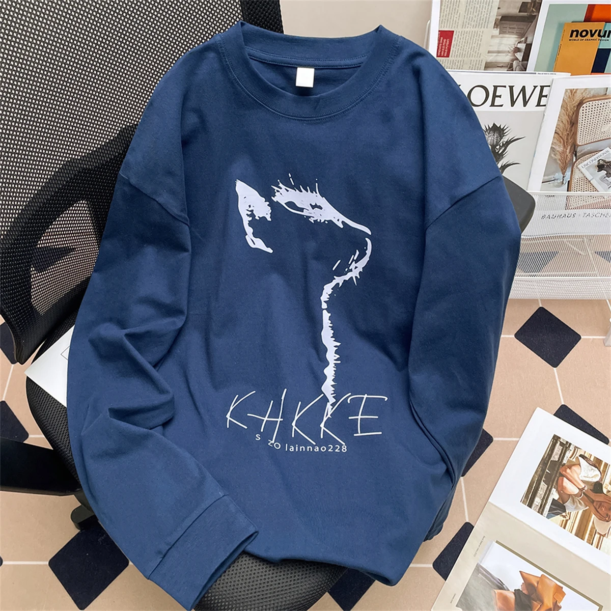 

Loose Fit Pure Cotton Long Sve T-irt ex Spring Autumn High End Design Versatile Comfortable Faionable Printed Tee