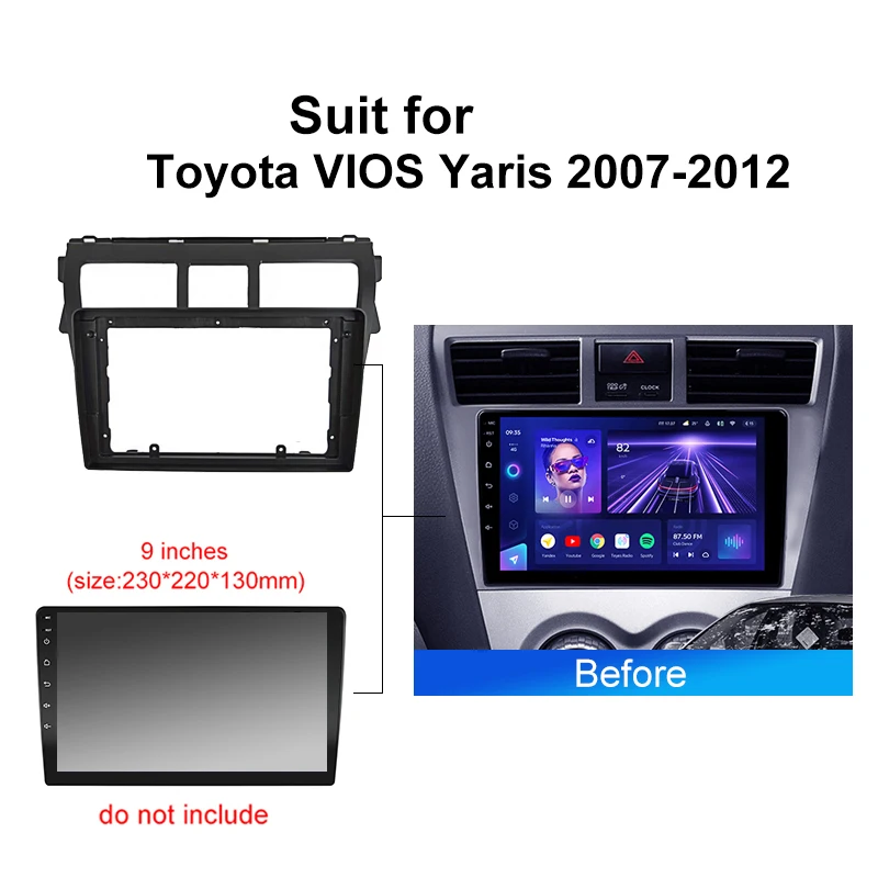 2Din Car radio fascia Frame For Toyota VIOS Yaris 2007-2012 Center Control Dashboard Fascia Stereo Panel Kit wire harness cable