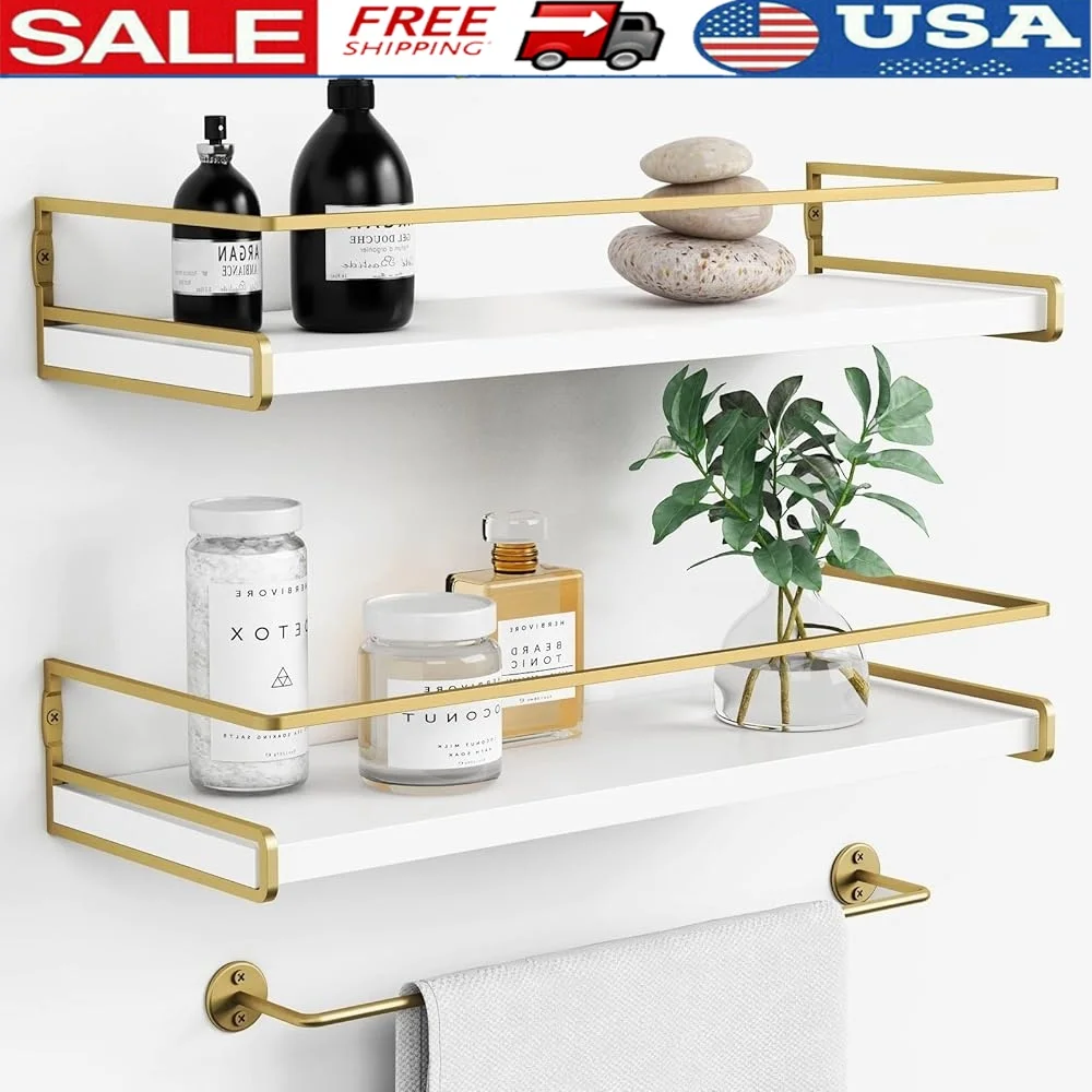 

Floating Bathroom Shelves Wall Mounted Organizer with Towel Bar Bathroom Accessories Storage Toiletries and Home Office
