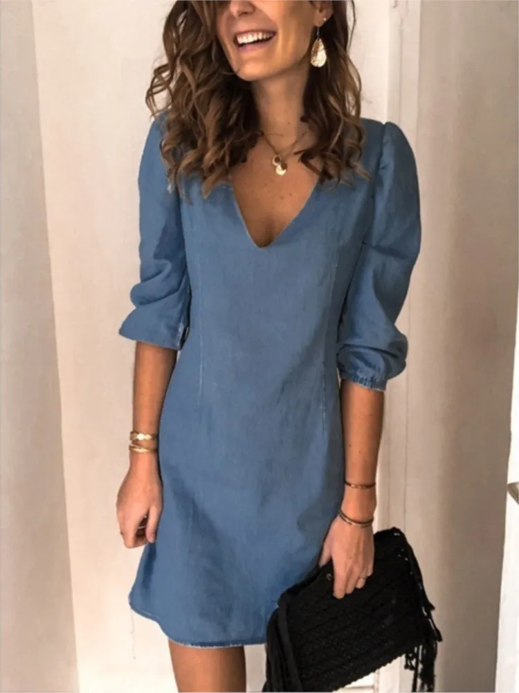 

New Summer Fashion V-neck Mini Dress Women's Cotton Linen Puff Half Sleeve Dresses Female Spring Loose Casual Clothes Ladies