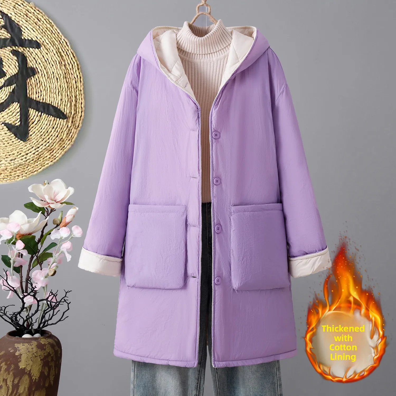 

Women's Thickened Cotton Jacket Winter New Style Korean Version Large Size Mid-Length Coat Warm Loose Open Cardigan Outerwear