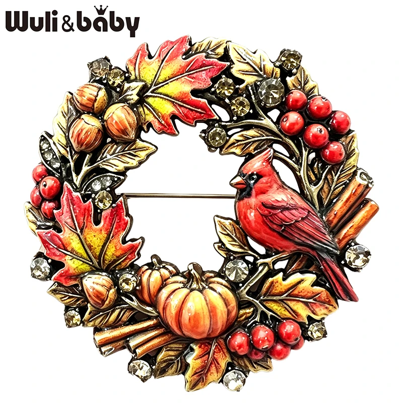 Wuli&baby Weihnachts-Vogelkranz-Broschen für Frauen Vintage 3-farbige Kürbis-Pflanzen-Kreis-Blumen-Broschen Neujahrsgeschenke – Detail 3