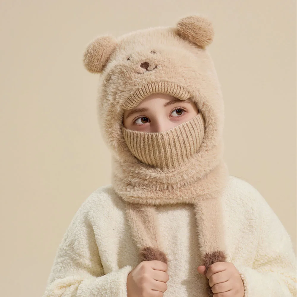 

2-6Y Girls' Winter Hat with Plush Ear Flaps & Bear Nose - Soft Warm Cap, Adjustable Snap Closure, Cute Cartoon Bear Face Desigts