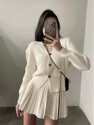 Korean Ins Fashion Autumn Winter Women's Knitted Suits Solid Single Breasted Long Sleeve Sweater+High Waisted Mini Pleated Skirt