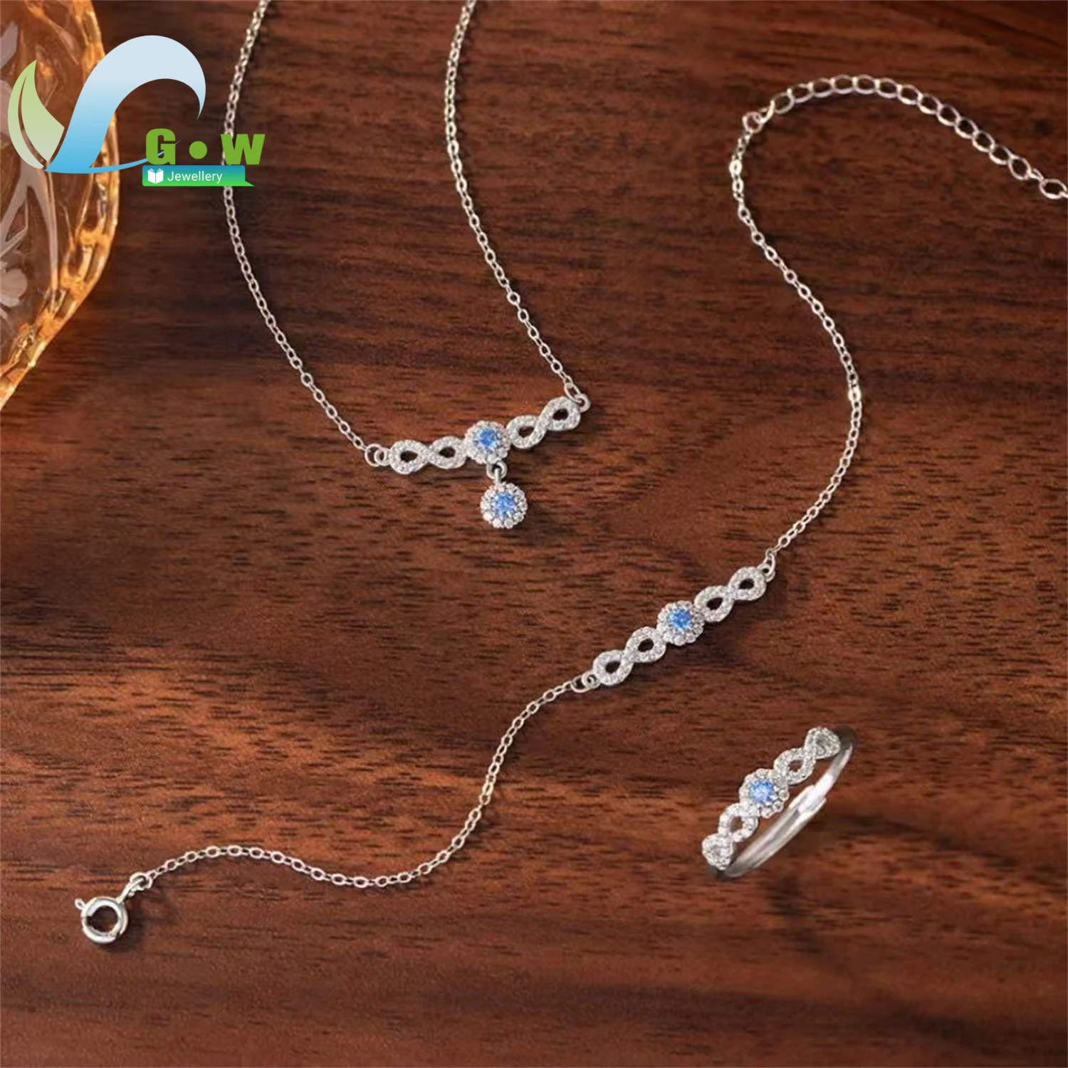 Blue Zircon Necklace Ring Bracelet Set Women Light Luxury High End Elegant Collarbone Chain Gemstone Jewelry Charm Gift For Her