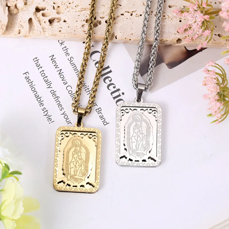 Halskette „Unsere Liebe Frau von Guadalupe“, 316L Edelstahl, quadratischer Anhänger mit Jungfrau Maria, katholischer religiöser Schmuck, Geschenk für Männer – Detail 5