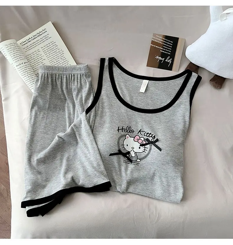 

Hello Kitty Women's Summer Loungewear Set - Cotton-Like Built-in Bra Camisole & Shorts, Cartoon Print Home Outfit