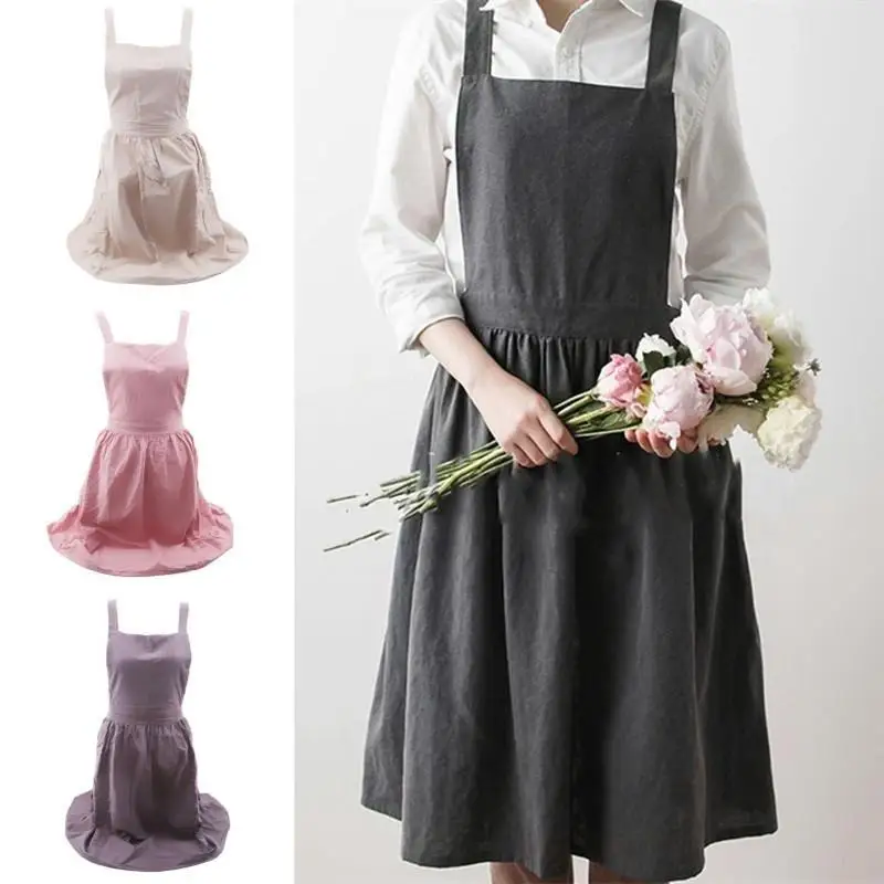 Retro Kitchen Aprons Woman Girl Cotton Cooking Salon Apron Dress Adult Waist Thin Breathable Male Work Cotton Canvas Style Home