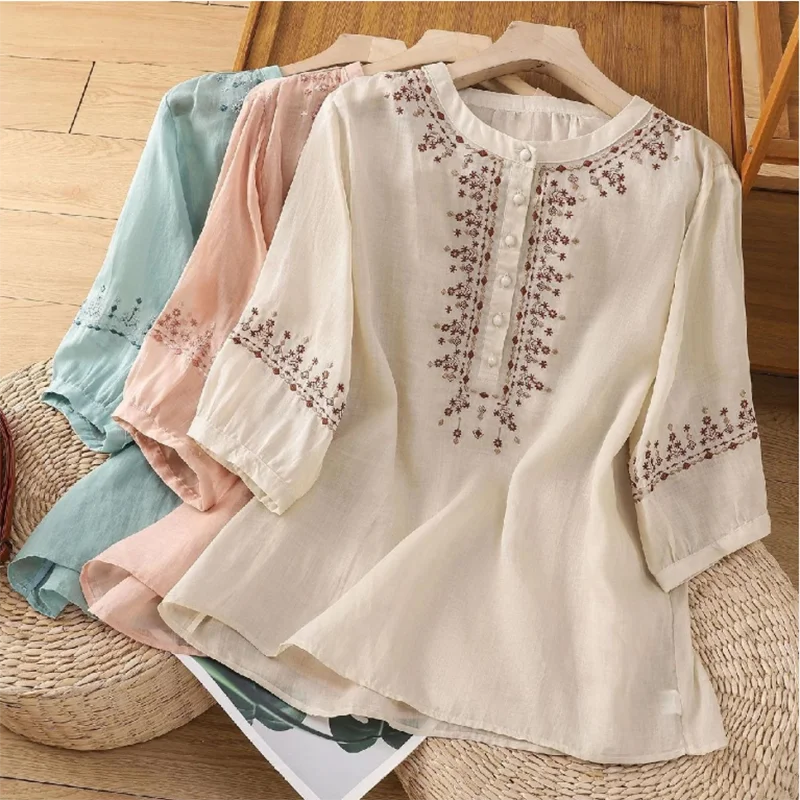 Camisa bordada retro verano mujer holgada - usage example