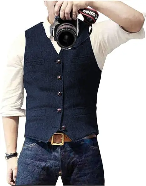 S-6XL Size Classic Slim Fit Men's Suit Vest V Neck Wool Herringbone Tweed Casual Waistcoat Formal Business Vests  Men Clothing