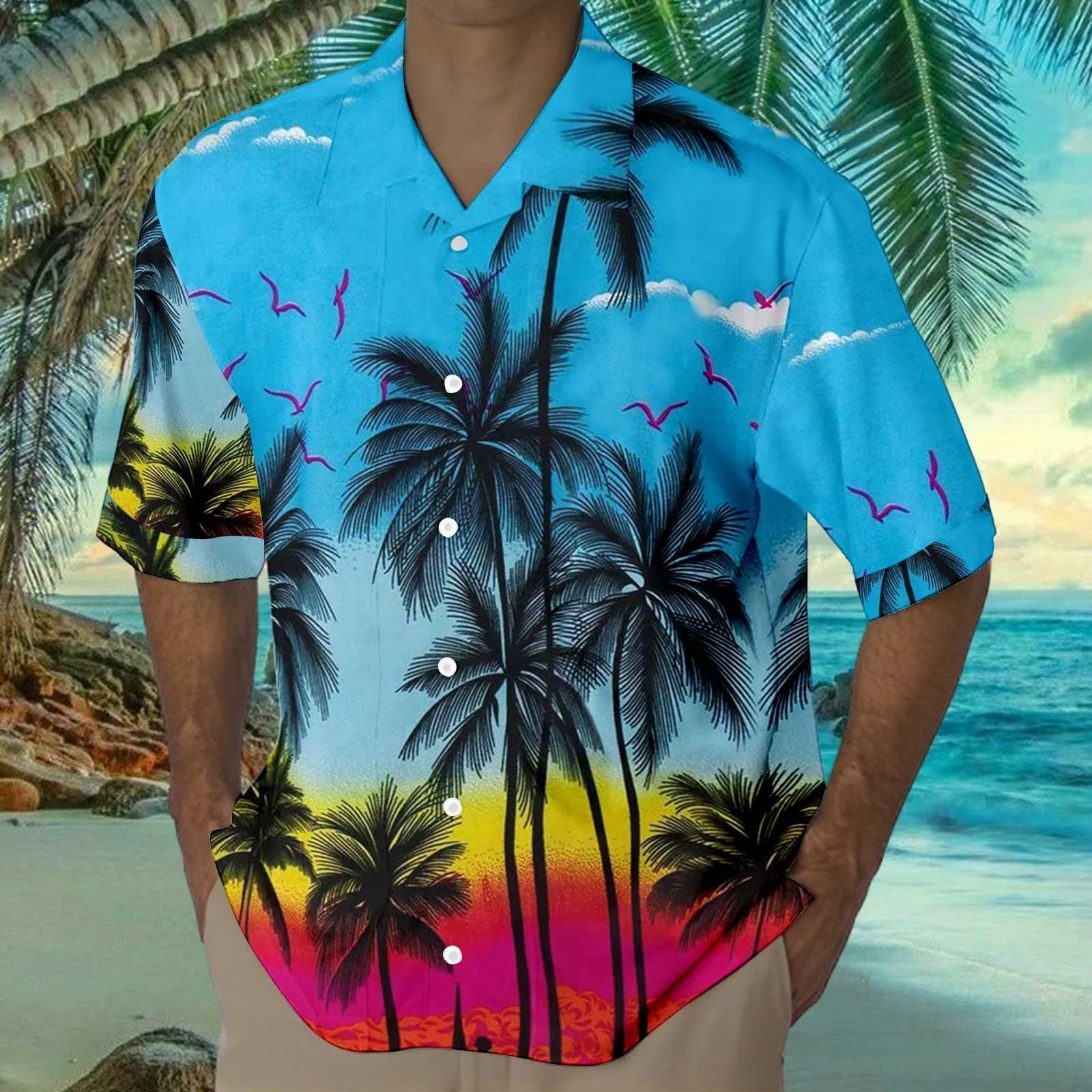 

Hawaiian Casual Print Men's Shirts 2024 Summer Short Sleeve Lapel Button Up Tees Tops Seaside Coconut Sunset Camisas De Hombre