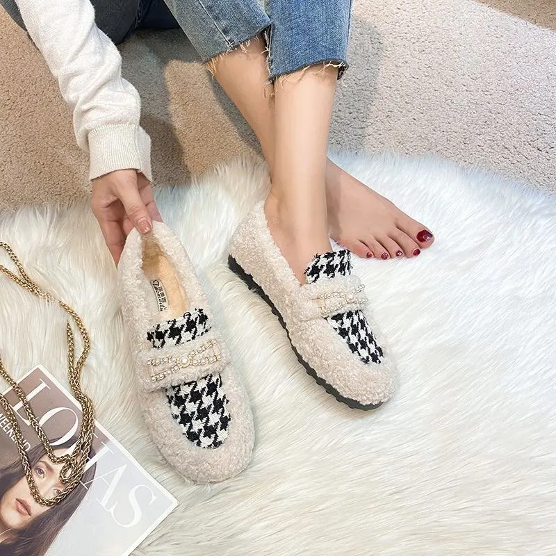 Chic Design Women Shoes Autumn Winter New Outerwear Lamb Wool Plush Velvet Bean Platform Shoes Slip-on Size 41 To 43 Loafers