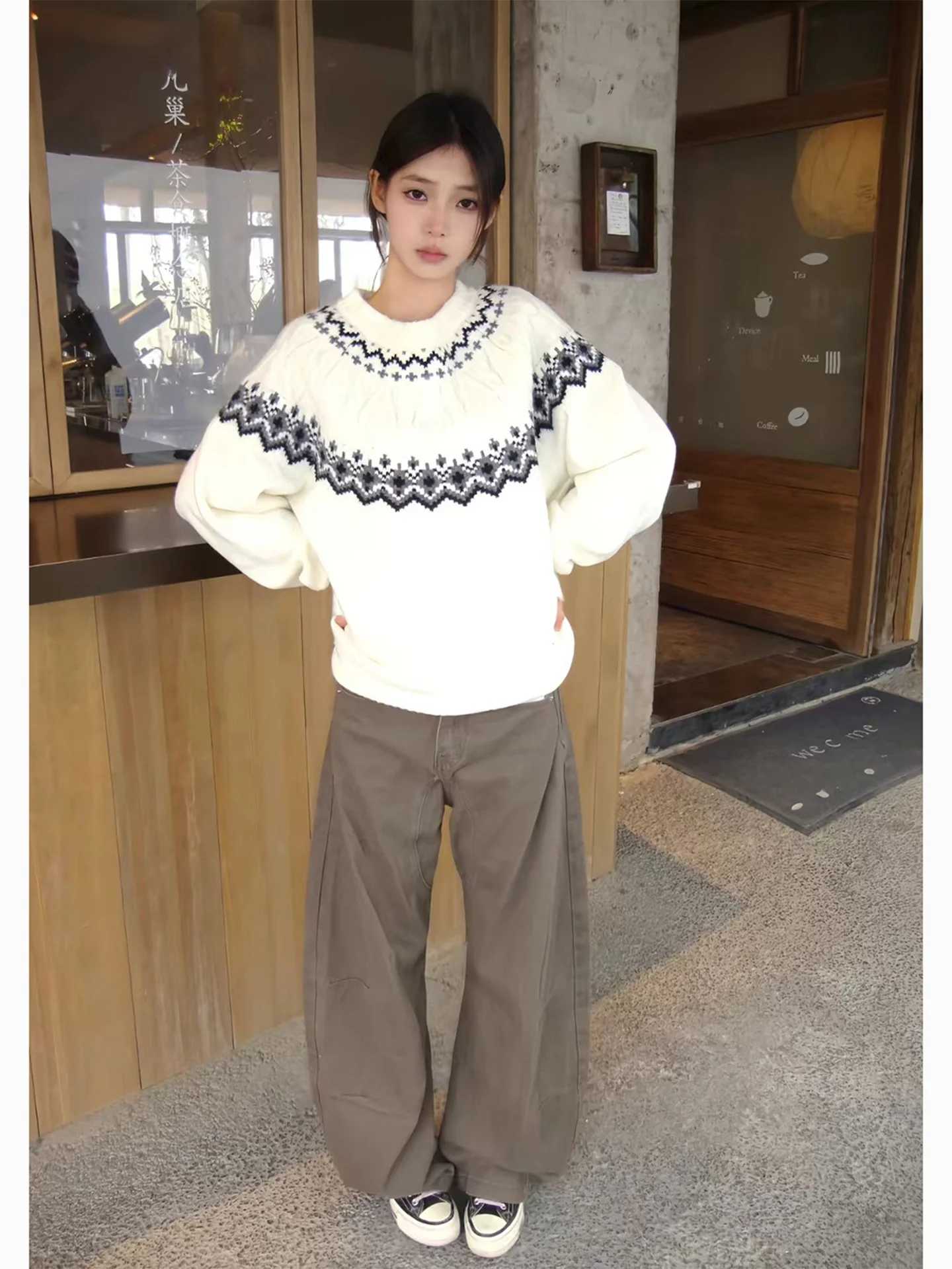 

Korean Sle Thiened Soft Knitted Sweater Men's Autumn Winter Lazy Sle Warm Inner Wear Island Flower Pattern round Ne Top
