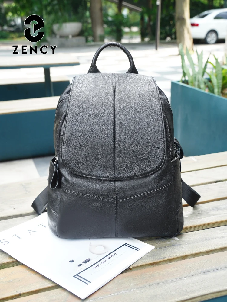 Zency Genuine Leather Black Backpack For Women Travel Bag Large Capacity Shoulder Bag