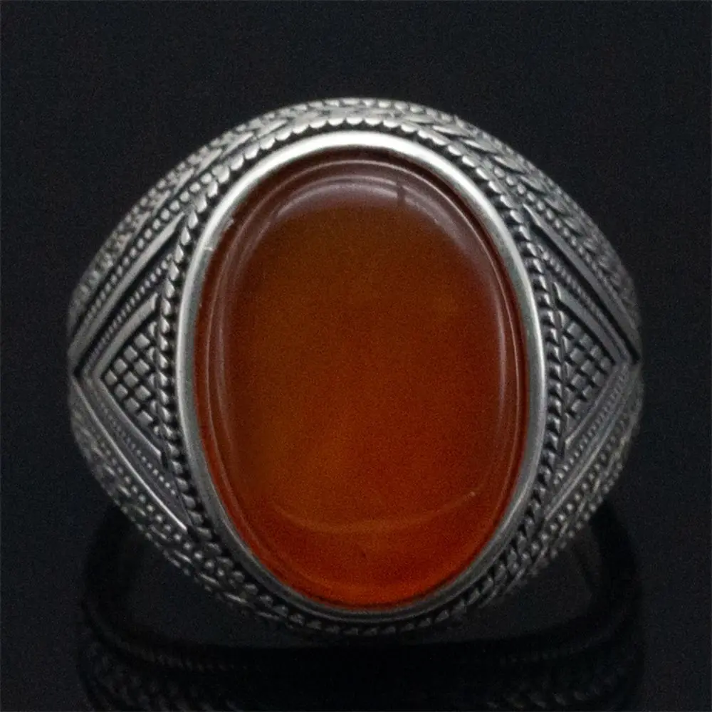 Wholesale Real 925 Sterling Silver Rings Men Natural Red Agate Stone Vintage Handmade Statement Wedding Hand Ring