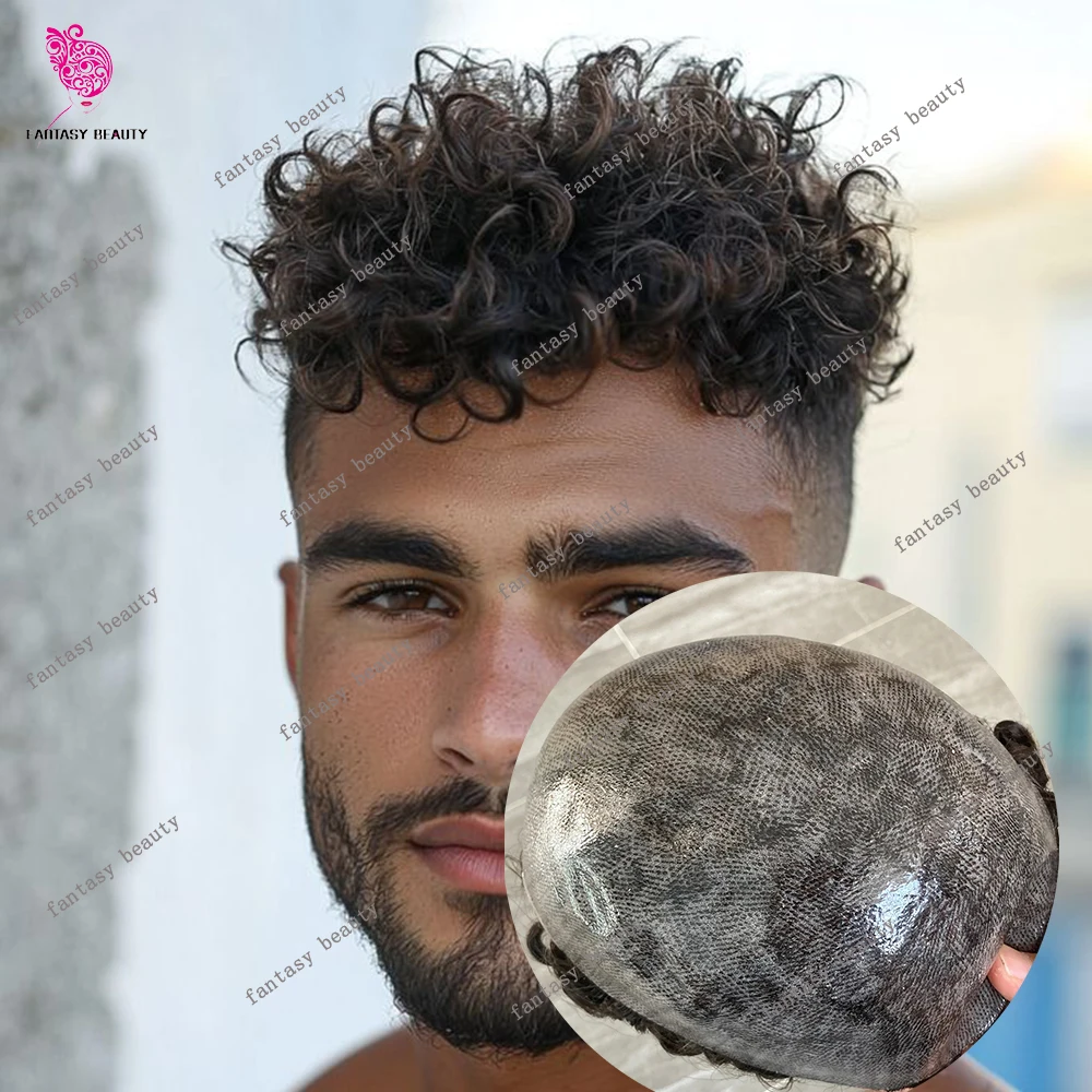 

20mm 25m Curly Natural Hairline 1B30 1B40 Gray Hair System Man Toupee Human Hair Prosthesis Super Durable Full PU Base Men's Wig
