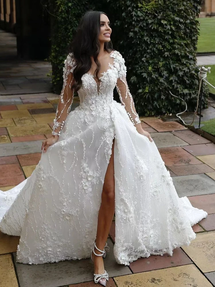 Vestido de casamento luxuoso com decote em o para mulheres, manga cheia, apliques, flores 3D, fenda lateral, vestido de noiva, Princess Robes, 2023