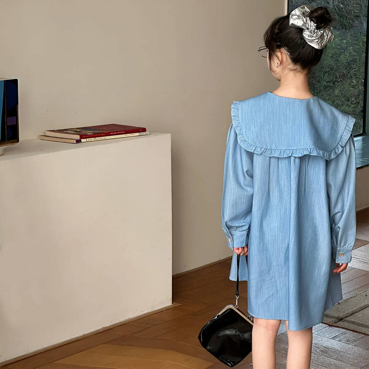 الكورية الخريف الاطفال الفتيات فستان Bowknot بيتر بان طوق المراهقات فستان من قطعة واحدة واحدة الصدر الأطفال الفتيات فستان #3